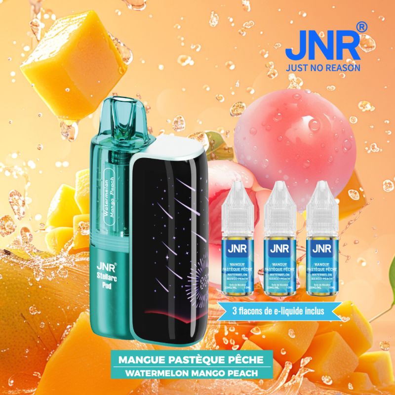 Puff JNR Stellarc 50K rechargeable saveur Mangue Pastèque Pêche, avec 3 flacons 10 ml de sels de nicotine 20 mg/ml