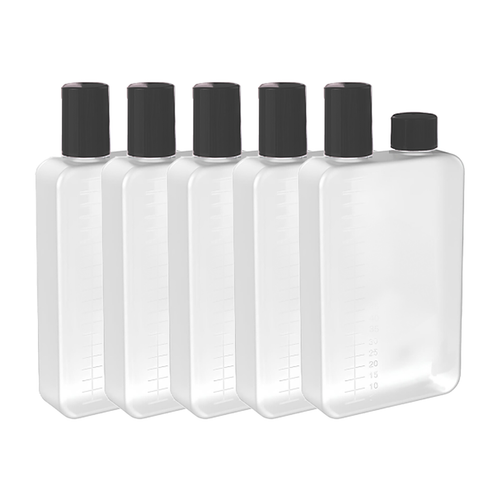 Lot de 5 fioles Dual Fill 100 ml plates et translucides, graduées, à bouchons noirs vissés