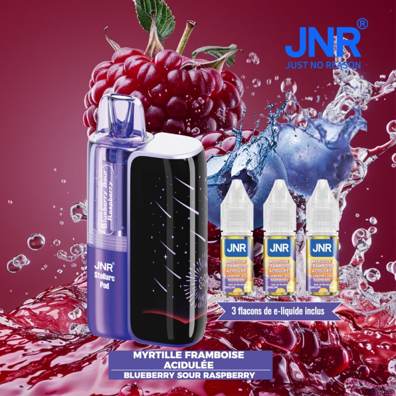 Puff JNR Stellarc 50K rechargeable saveur Myrtille Framboise Acidulée, avec 3 flacons 10 ml de sels de nicotine 20 mg/ml