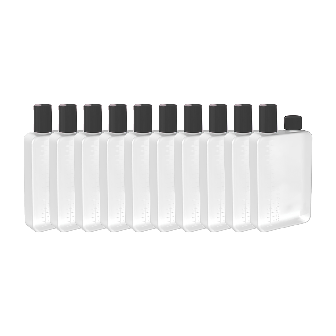 Lot de 10 fioles Dual Fill 100 ml plates et translucides, graduées, à bouchons noirs vissés