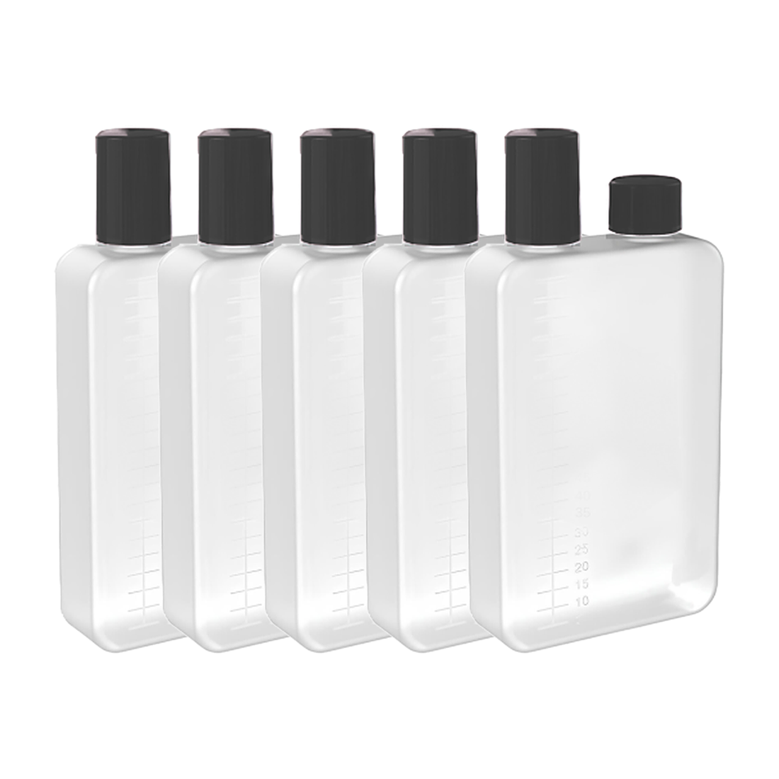 Lot de 5 fioles Dual Fill 100 ml plates et translucides, graduées, à bouchons noirs vissés